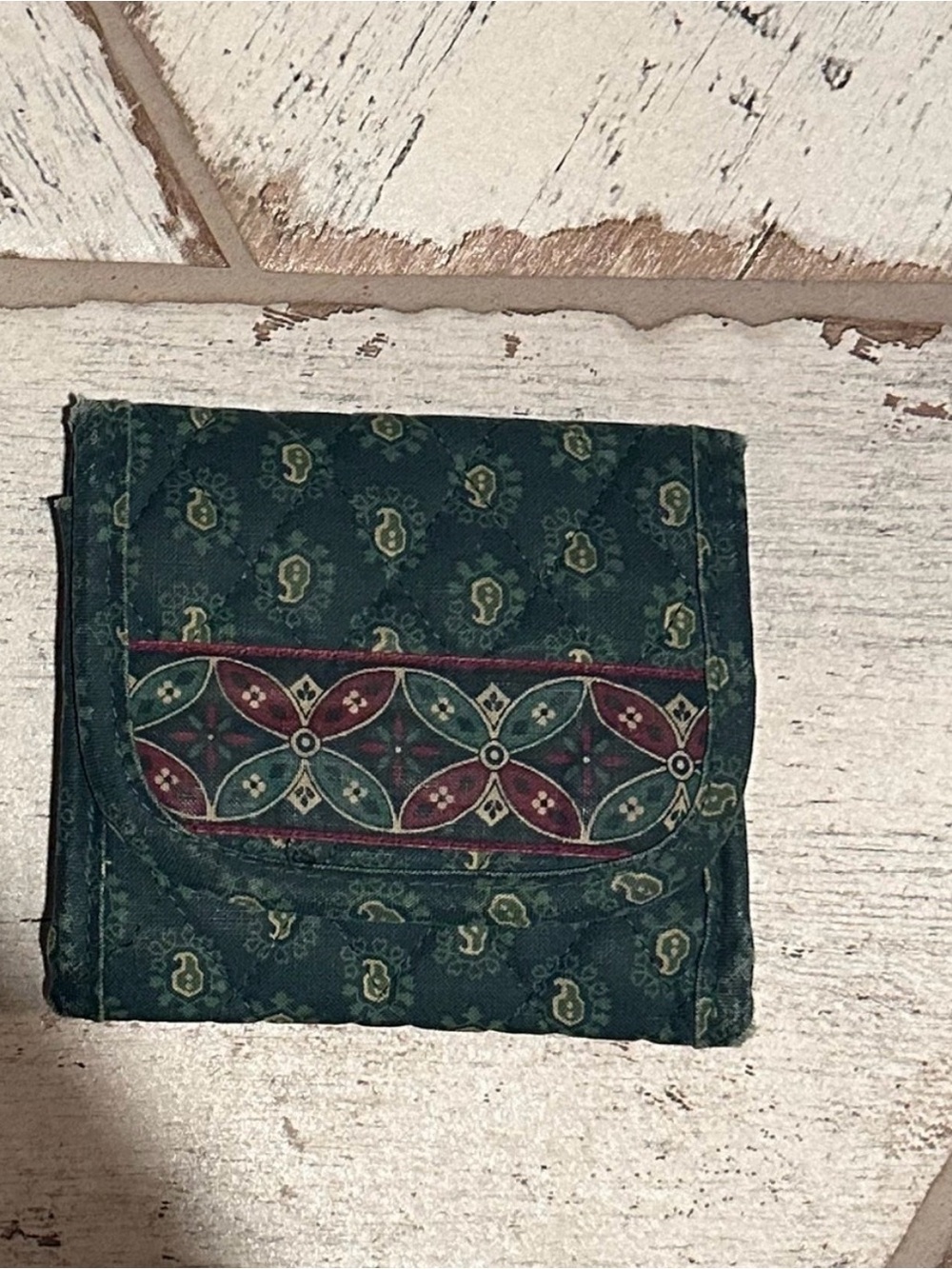 Green Printed Fabric Wallet with Red Accent